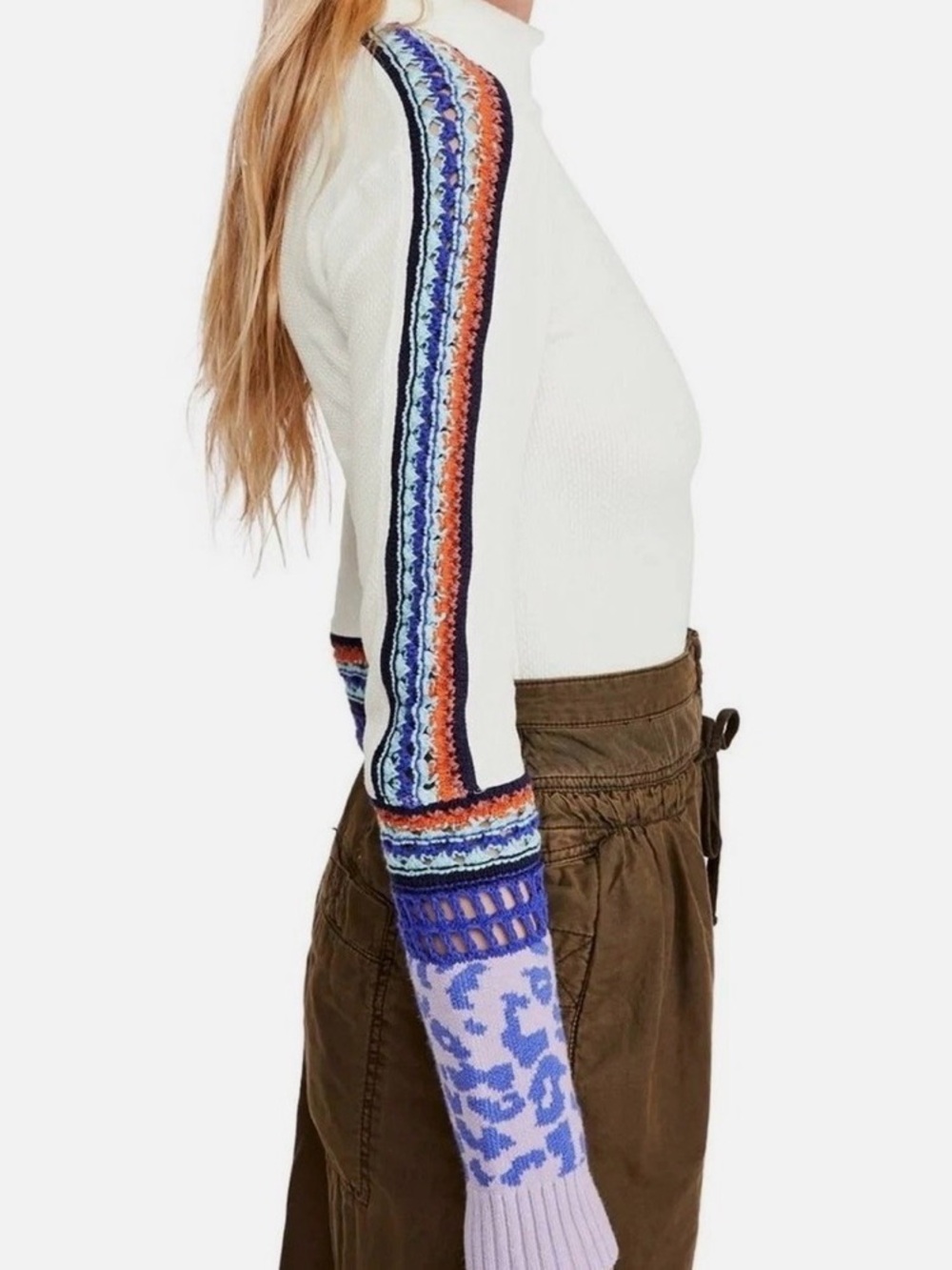 Free People Cream Sweater with Blue, Orange & Purple Stripe Sleeves